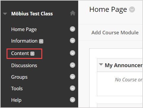 In a Blackboard Class under Home Page, the Content option is highlighted.